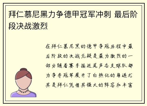 拜仁慕尼黑力争德甲冠军冲刺 最后阶段决战激烈