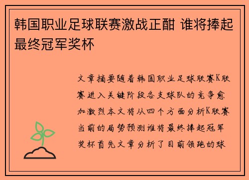 韩国职业足球联赛激战正酣 谁将捧起最终冠军奖杯